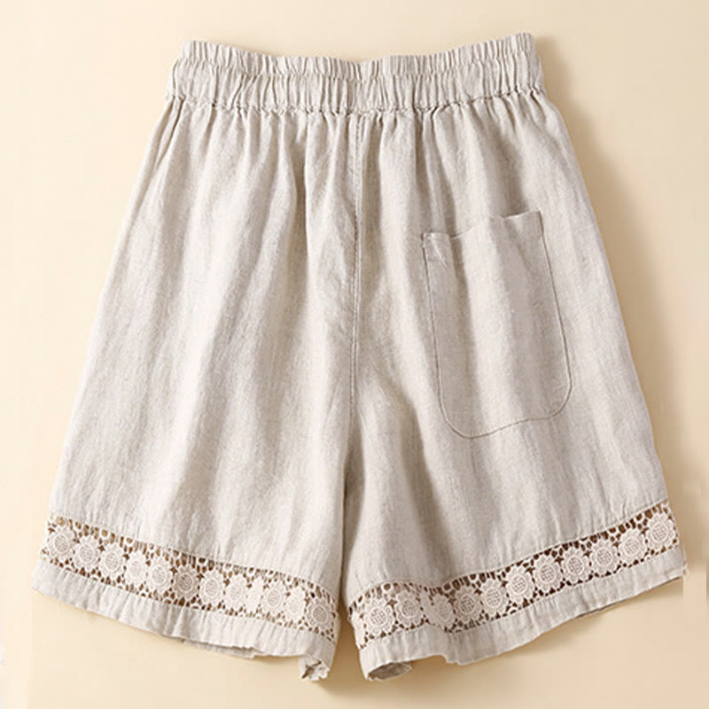 Buddha Stones Plain Color Bottom Hollow Lace Design Lace-up Cotton Linen Women's Shorts With Pockets