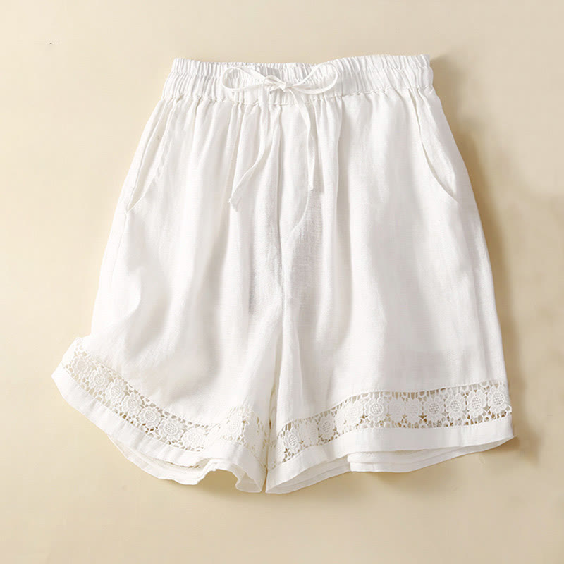 Buddha Stones Plain Color Bottom Hollow Lace Design Lace-up Cotton Linen Women's Shorts With Pockets - White - US12，UK/AU16，EU44 (3XL) - image 11
