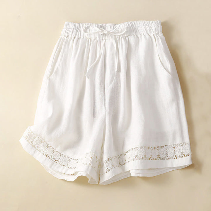 Buddha Stones Plain Color Bottom Hollow Lace Design Lace-up Cotton Women's Shorts With Pockets - White - US12，UK/AU16，EU44 (3XL) - image 22