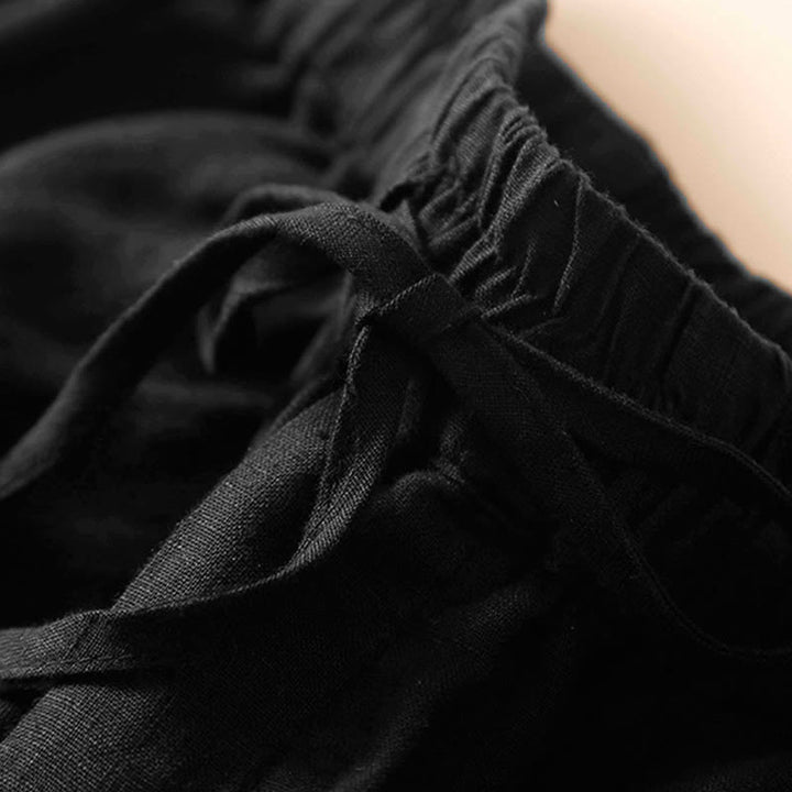 Buddha Stones Plain Color Bottom Hollow Lace Design Lace-up Cotton Linen Women's Shorts With Pockets - image 20