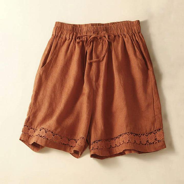 Buddha Stones Plain Color Bottom Hollow Lace Design Lace-up Cotton Linen Women's Shorts With Pockets