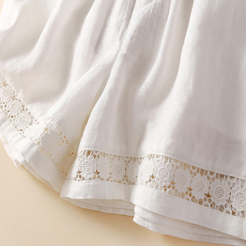 Buddha Stones Plain Color Bottom Hollow Lace Design Lace-up Cotton Linen Women's Shorts With Pockets - image 15