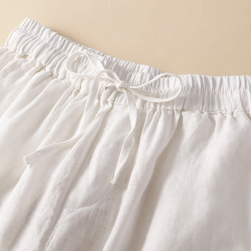 Buddha Stones Plain Color Bottom Hollow Lace Design Lace-up Cotton Linen Women's Shorts With Pockets - image 13
