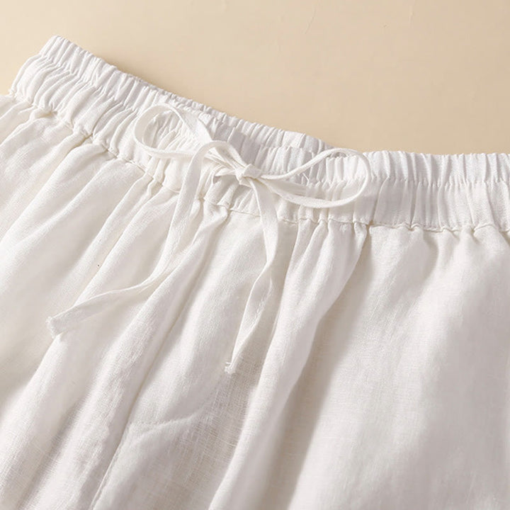 Buddha Stones Plain Color Bottom Hollow Lace Design Lace-up Cotton Linen Women's Shorts With Pockets - image 13