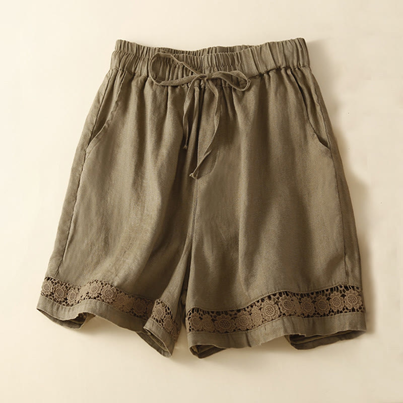 Buddha Stones Plain Color Bottom Hollow Lace Design Lace-up Cotton Linen Women's Shorts With Pockets