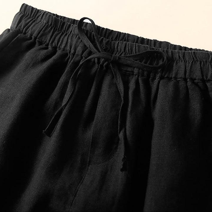 Buddha Stones Plain Color Bottom Hollow Lace Design Lace-up Cotton Linen Women's Shorts With Pockets - image 18