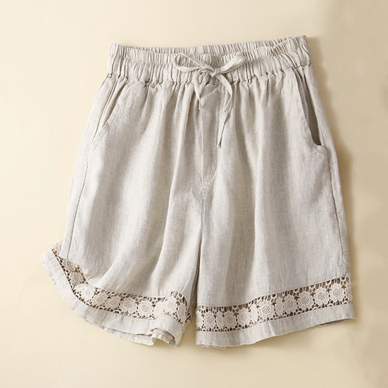 Buddha Stones Plain Color Bottom Hollow Lace Design Lace-up Cotton Linen Women's Shorts With Pockets