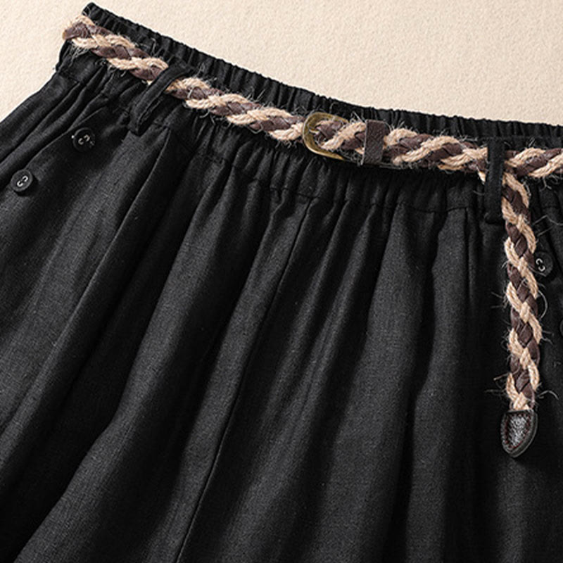 Buddha Stones Casual Solid Color Turn Up Cuff Belt Cotton Linen Women's Shorts With Pockets - image 10