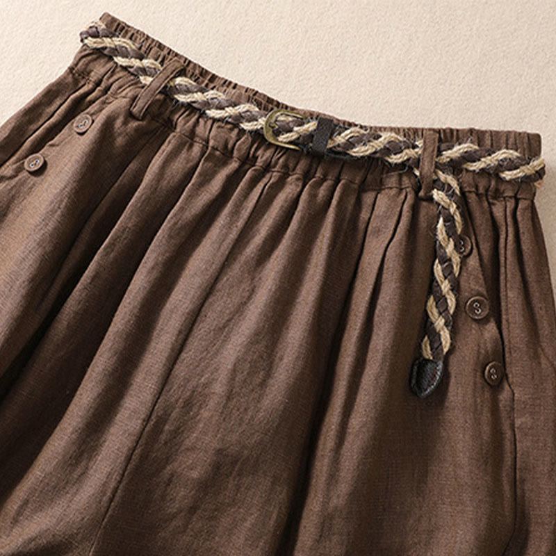 Buddha Stones Casual Solid Color Turn Up Cuff Belt Cotton Linen Women's Shorts With Pockets - image 13