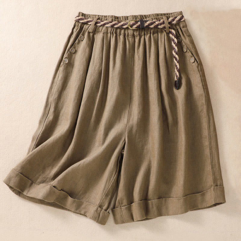 Buddha Stones Casual Solid Color Turn Up Cuff Belt Cotton Linen Women's Shorts With Pockets - DarkKhaki - US8-10，UK/AU12-14，EU40-42 (2XL) - image 0