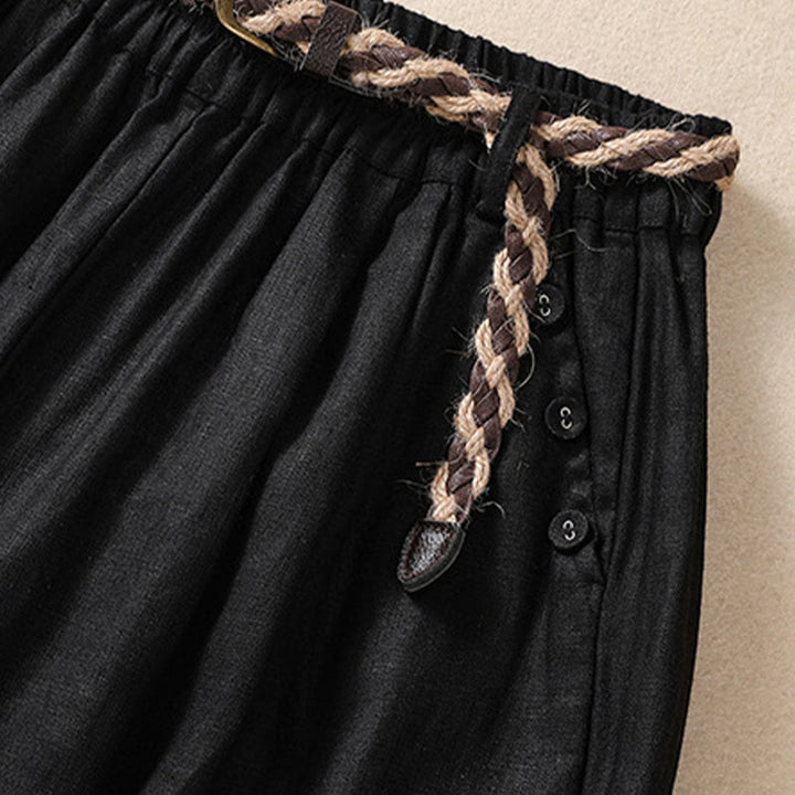 Buddha Stones Casual Solid Color Turn Up Cuff Belt Cotton Linen Women's Shorts With Pockets - image 11