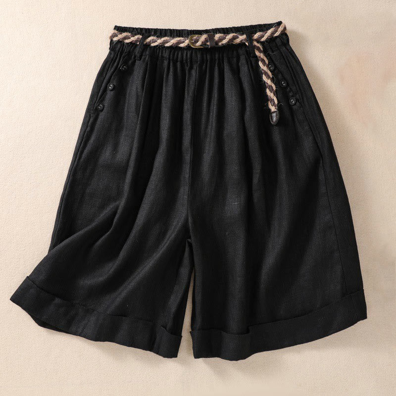 Buddha Stones Casual Solid Color Turn Up Cuff Belt Cotton Linen Women's Shorts With Pockets - Black - US8-10，UK/AU12-14，EU40-42 (2XL) - image 8