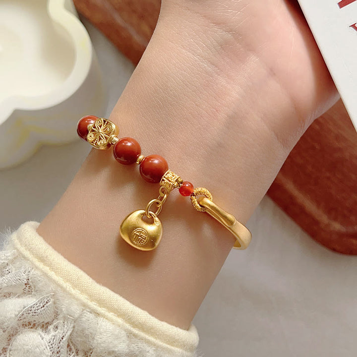 Buddha Stones South Red Agate Fu Character Ingot Half Bracelet