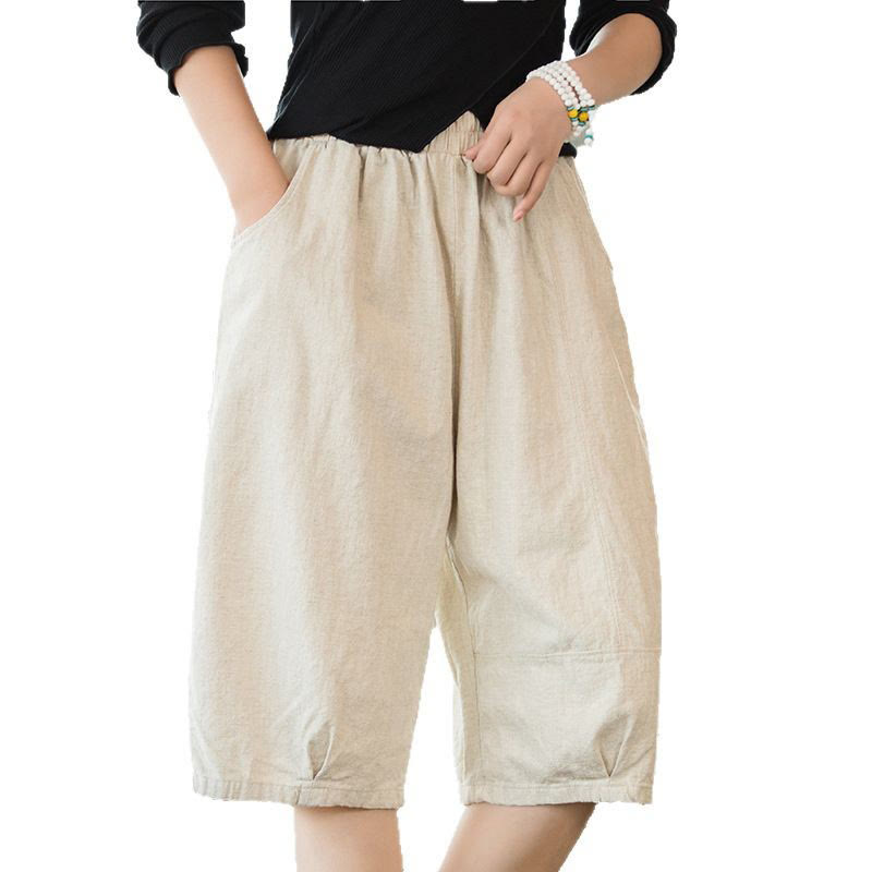 Buddha Stones Casual Plain Color Cotton Ramie Women's Shorts With Pockets