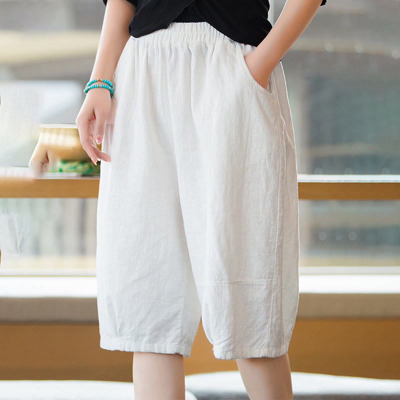 Buddha Stones Casual Plain Color Cotton Ramie Women's Shorts With Pockets