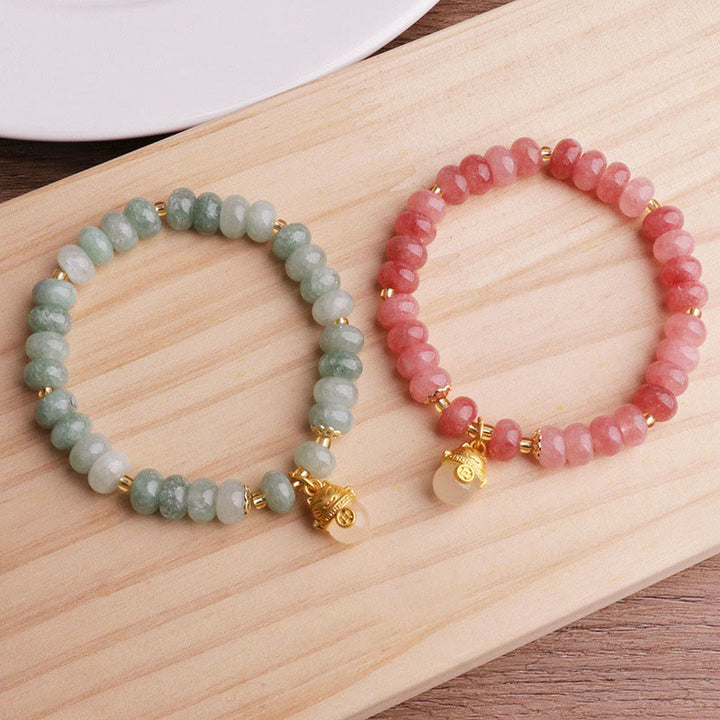 Buddha Stones Strawberry Quartz Cyan Jade Lucky Cat Beads Healing Bracelet