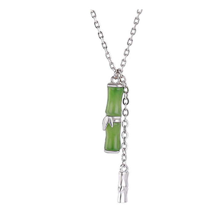 Buddha Stones Hetian Jade 925 Sterling Silver Bamboo Abundance Necklace Pendant