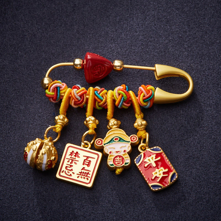 Buddha Stones Cinnabar Zongzi Fu Character Caishen God of Wealth Safe And Well Copper Blessing Brooch