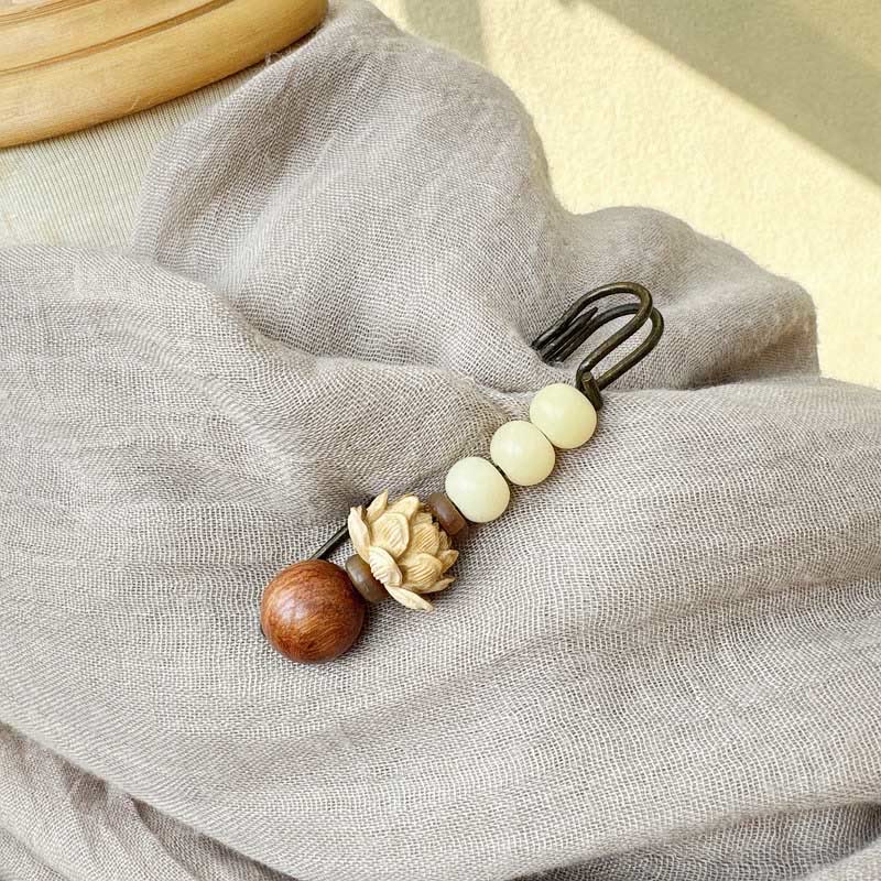 Buddha Stones Vintage Bodhi Seed Boxwood Lotus Sandalwood Bead Peace Brooch