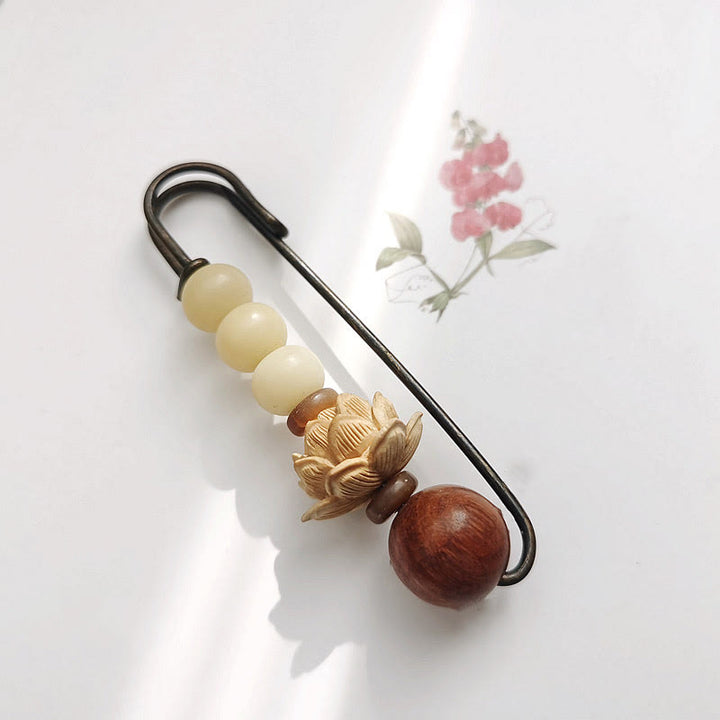 Buddha Stones Vintage Bodhi Seed Boxwood Lotus Sandalwood Bead Peace Brooch