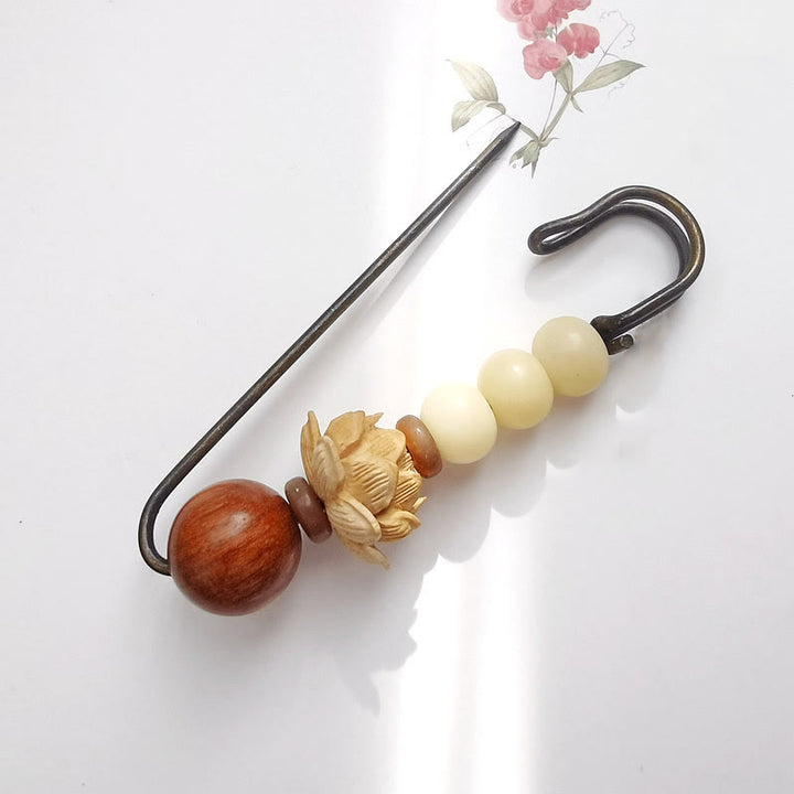 Buddha Stones Vintage Bodhi Seed Boxwood Lotus Sandalwood Bead Peace Brooch