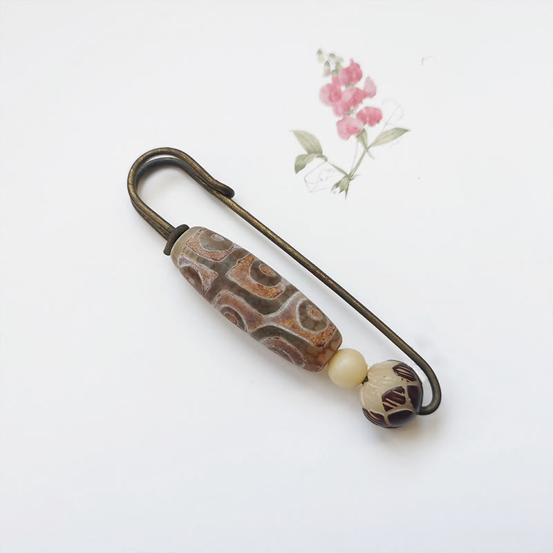 Buddha Stones Nine-Eye Dzi Bead Bodhi Seed Lotus Protection Brooch