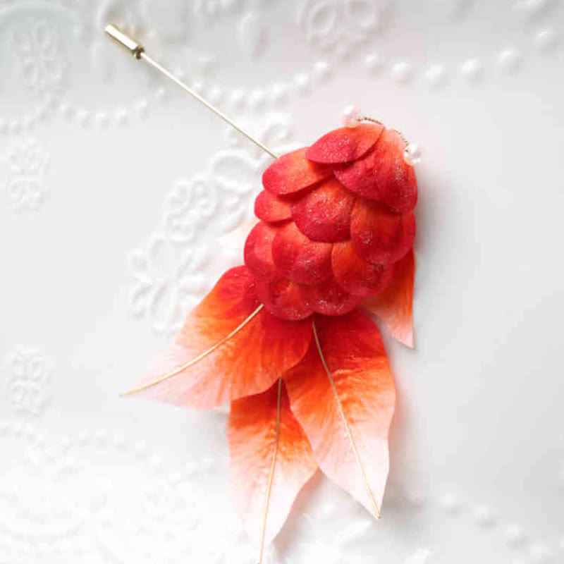 Buddha Stones Handmade Yangzhou Velvet Flower Mulberry Silk Red Koi Fish Leaves Brooch Hair Clip