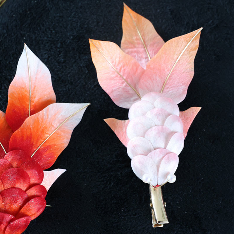 Buddha Stones Handmade Yangzhou Velvet Flower Mulberry Silk Red Koi Fish Leaves Brooch Hair Clip