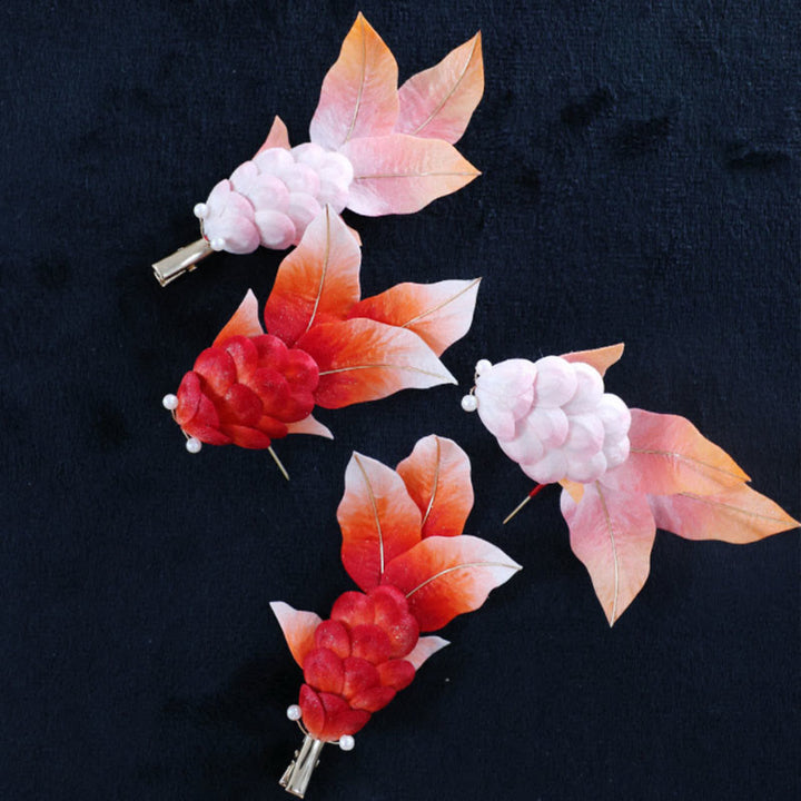 Buddha Stones Handmade Yangzhou Velvet Flower Mulberry Silk Red Koi Fish Leaves Brooch Hair Clip