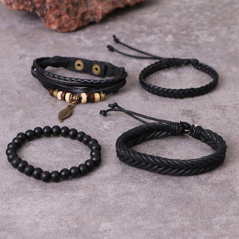 Buddha Stones Leaf Multi-layer Twisted Leather Resin Beads Courage Bracelet Set