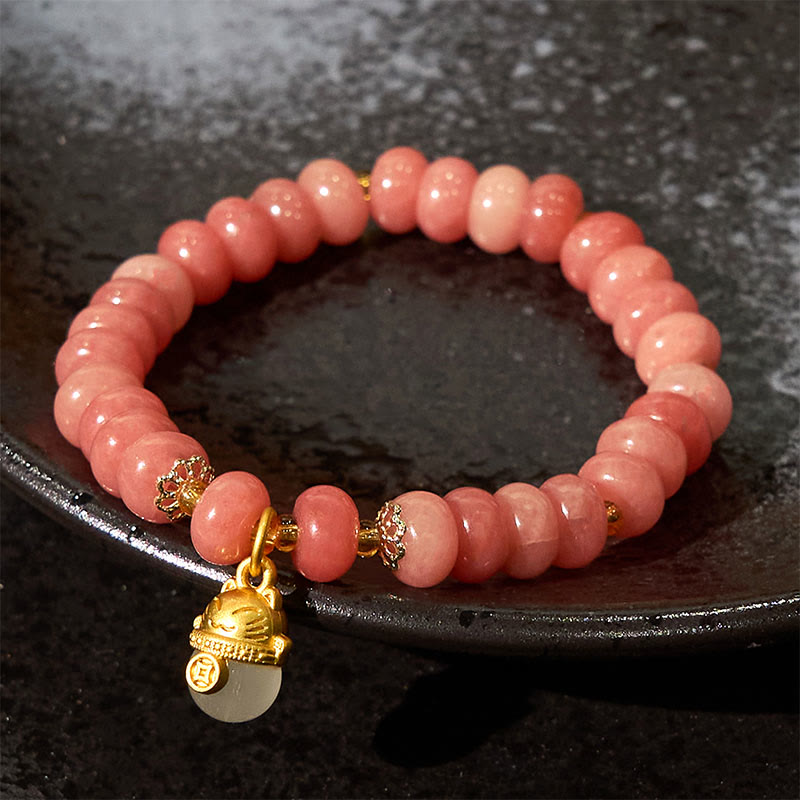 Buddha Stones Strawberry Quartz Cyan Jade Lucky Cat Beads Healing Bracelet