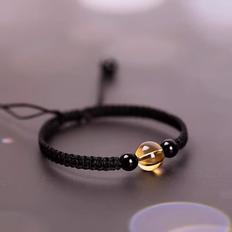 Buddha Stones Handcrafted Citrine Black Obsidian Bead King Kong Knot Peace Knot Luck Rope Bracelet