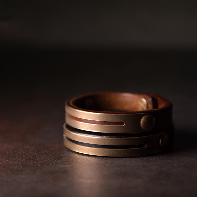 Buddha Stones Vintage Leather Copper Brass Balance Bangle Bracelet