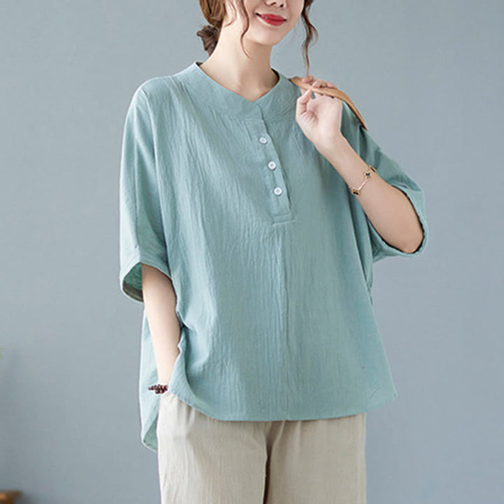 Buddha Stones Women's Plain Batwing Sleeve Design Half Sleeve Cotton Linen Shirt