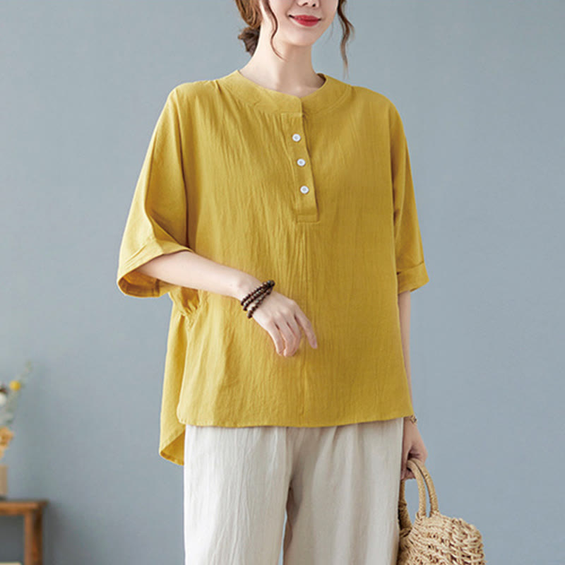 Buddha Stones Women's Plain Batwing Sleeve Design Half Sleeve Cotton Linen Shirt