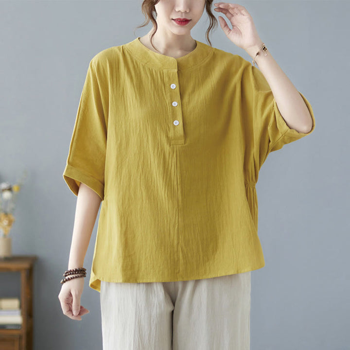 Buddha Stones Women's Plain Batwing Sleeve Design Half Sleeve Cotton Linen Shirt