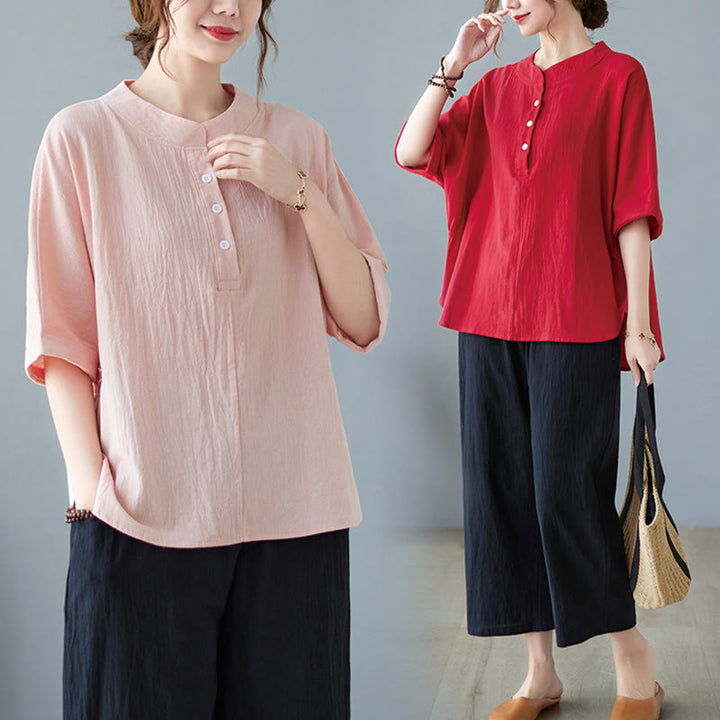 Buddha Stones Women's Plain Batwing Sleeve Design Half Sleeve Cotton Linen Shirt - image 27