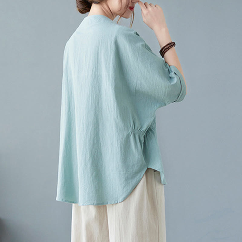 Buddha Stones Women's Plain Batwing Sleeve Design Half Sleeve Cotton Linen Shirt - image 2