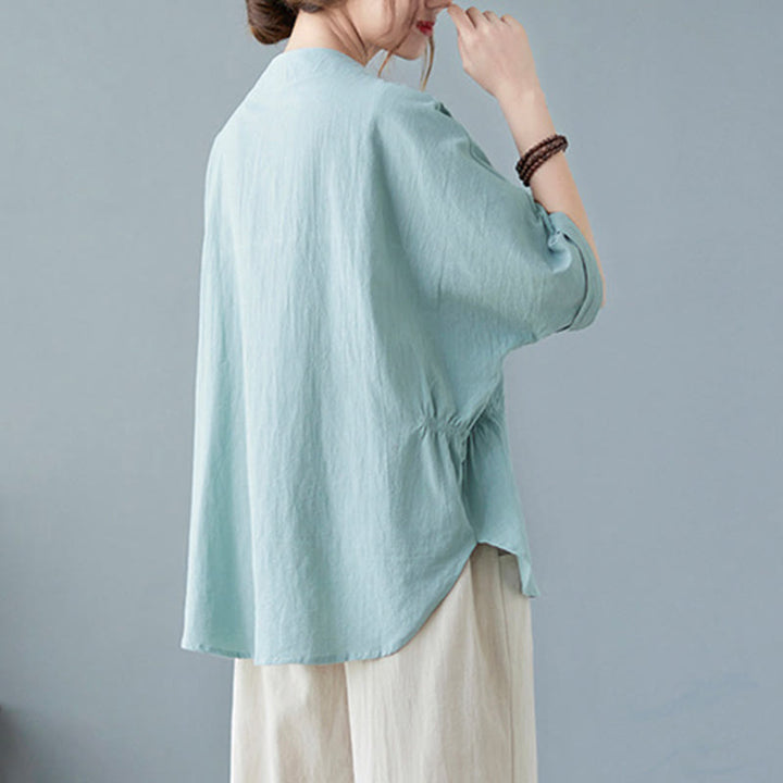 Buddha Stones Women's Plain Batwing Sleeve Design Half Sleeve Cotton Linen Shirt - image 2