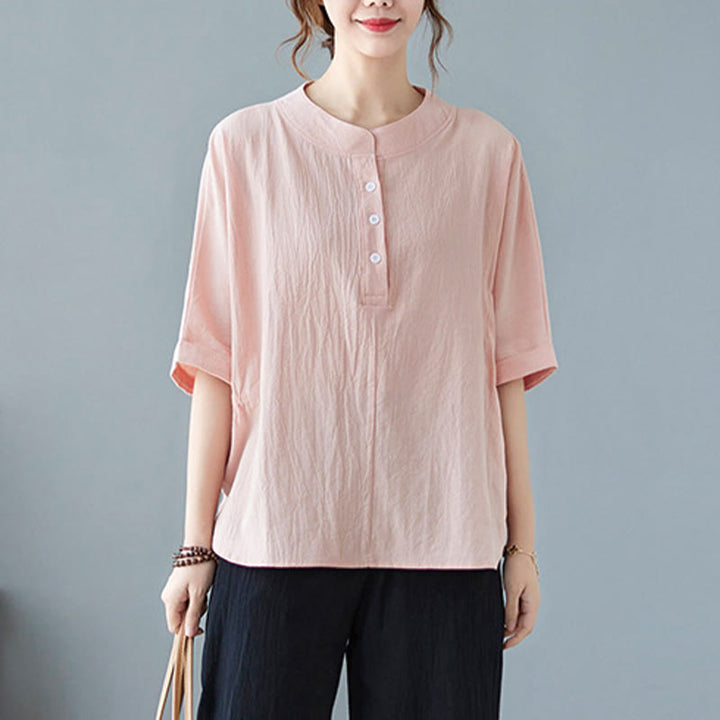 Buddha Stones Women's Plain Batwing Sleeve Design Half Sleeve Cotton Linen Shirt