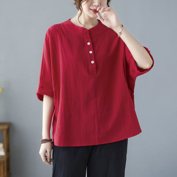 Buddha Stones Women's Plain Batwing Sleeve Design Half Sleeve Cotton Linen Shirt - image 23