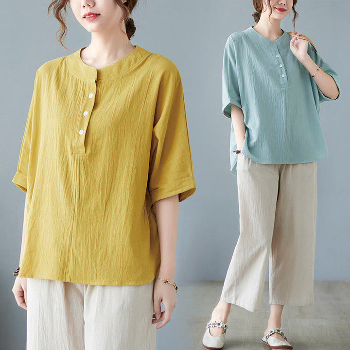 Buddha Stones Women's Plain Batwing Sleeve Design Half Sleeve Cotton Linen Shirt