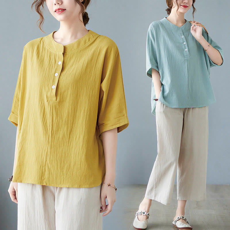 Buddha Stones Women's Plain Batwing Sleeve Design Half Sleeve Cotton Linen Shirt - image 28