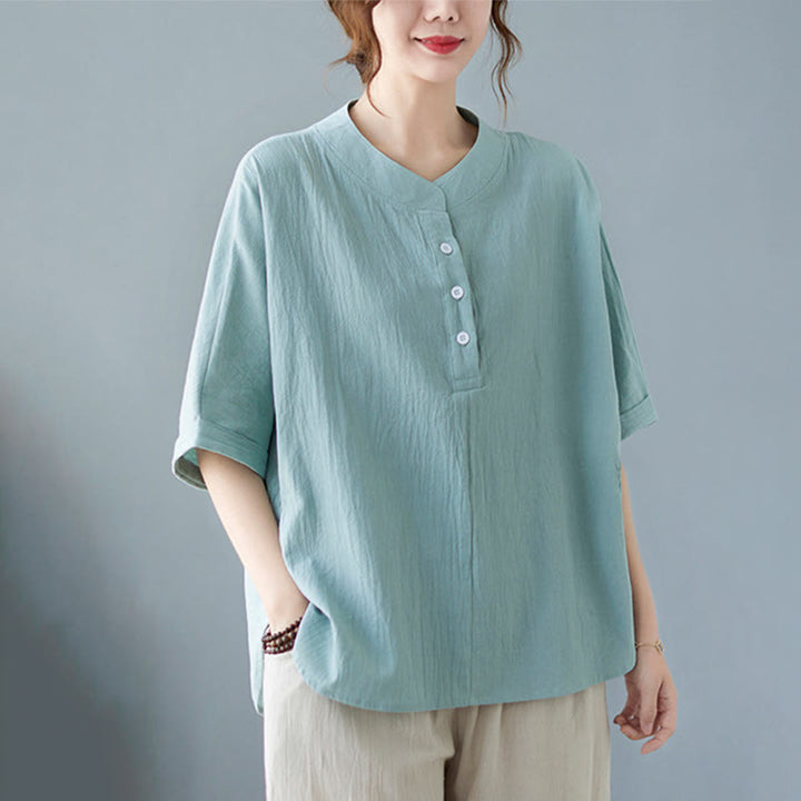 Buddha Stones Women's Plain Batwing Sleeve Design Half Sleeve Cotton Linen Shirt