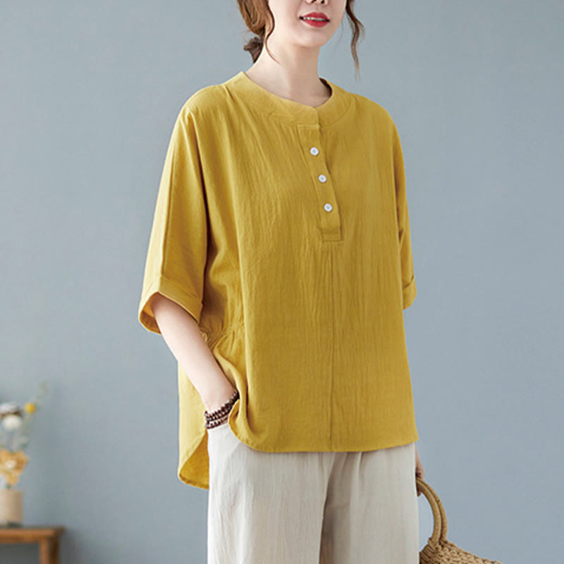 Buddha Stones Women's Plain Batwing Sleeve Design Half Sleeve Cotton Linen Shirt - image 13