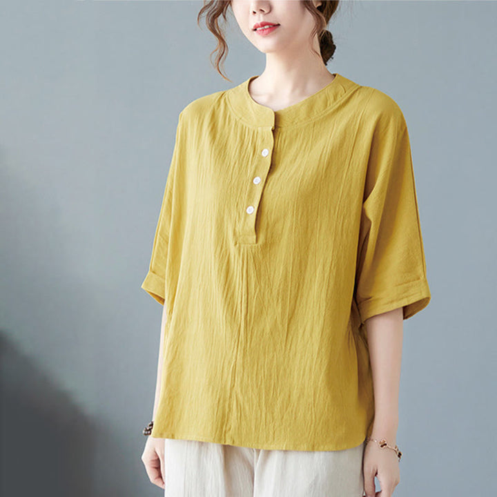 Buddha Stones Women's Plain Batwing Sleeve Design Half Sleeve Cotton Linen Shirt