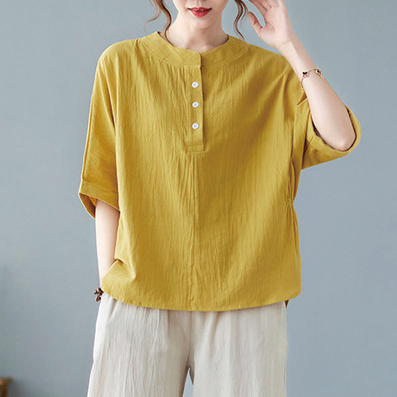 Buddha Stones Women's Plain Batwing Sleeve Design Half Sleeve Cotton Linen Shirt - image 15