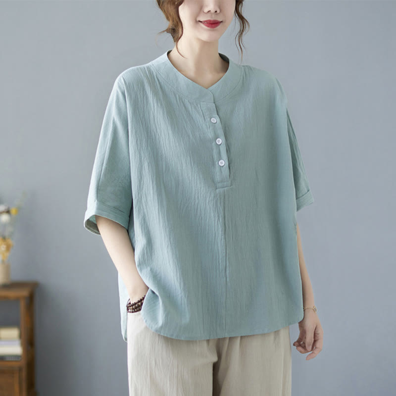 Buddha Stones Women's Plain Batwing Sleeve Design Half Sleeve Cotton Linen Shirt