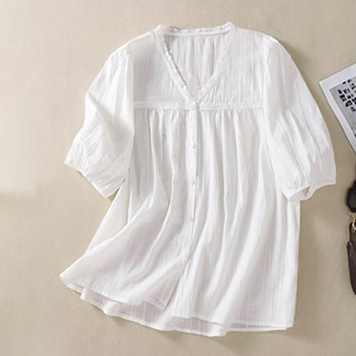 Buddha Stones Women's Pure White Lace V-neck Design Half Sleeve Cotton Shirt - image 4