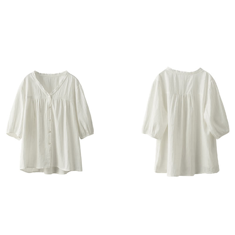 Buddha Stones Women's Pure White Lace V-neck Design Half Sleeve Cotton Shirt - image 13
